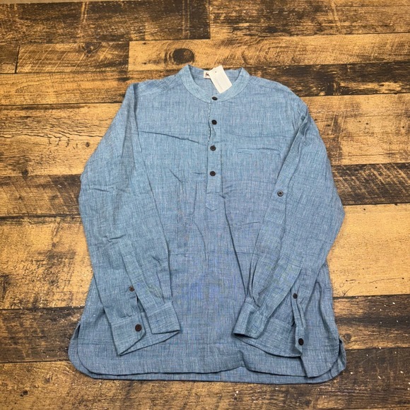 Fabindia Mens Long Sleeve Band Collar‎ Casual Shirt Button Down Blue Size 38 - Picture 1 of 4